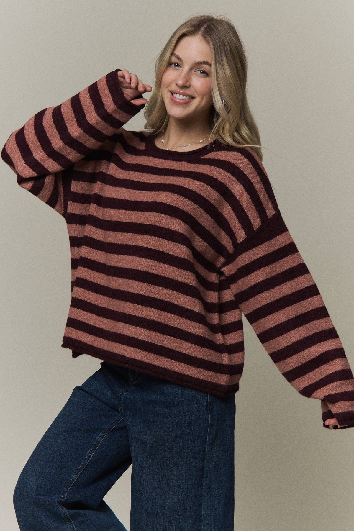 STRIPED ROLLED CREW NECK SWEATER