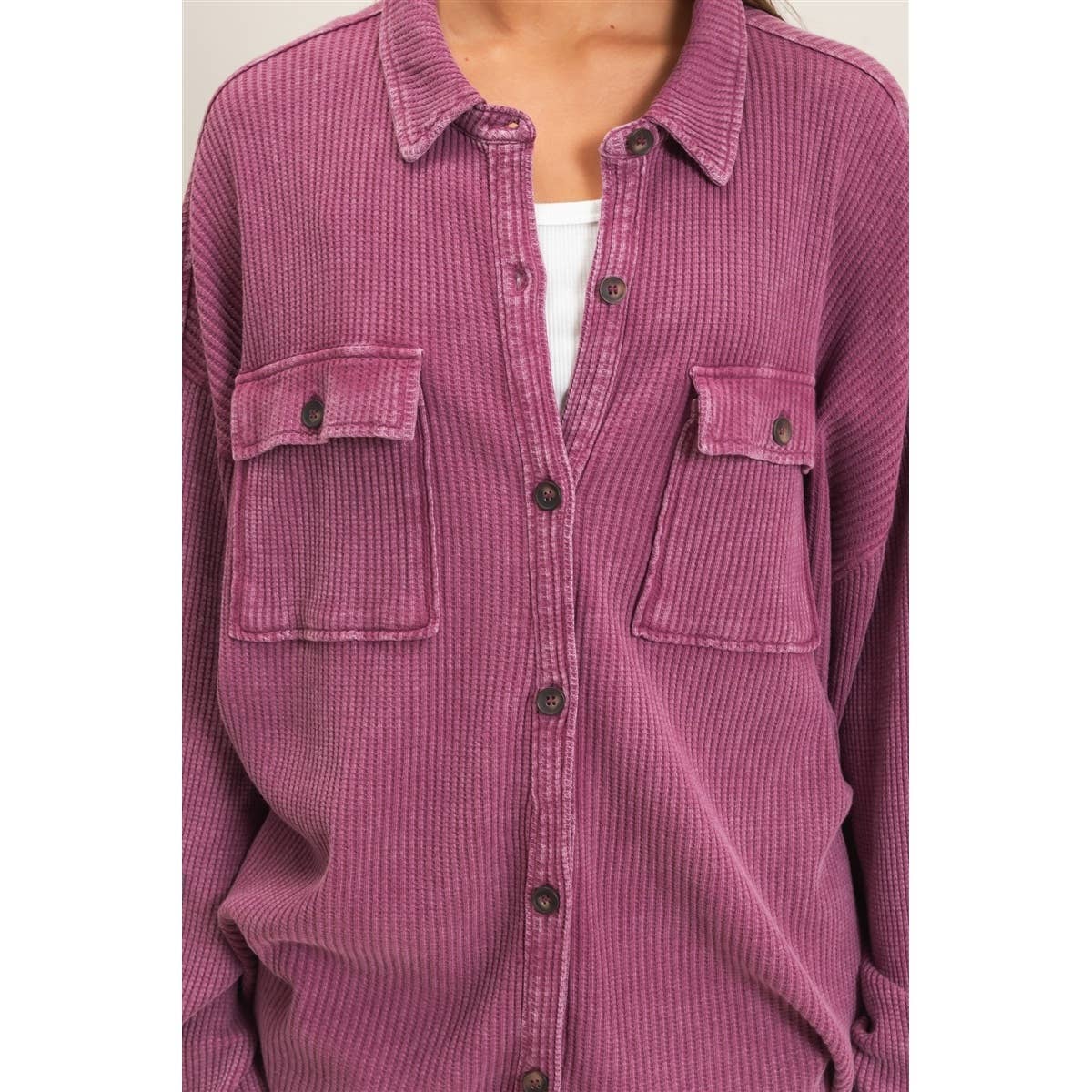 Mineral Wash Waffle Knit Button-Up Shacket