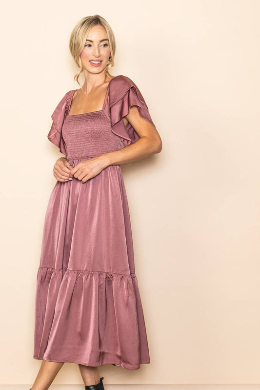Flowy Flutter Sleeve Smocked Satin Dress