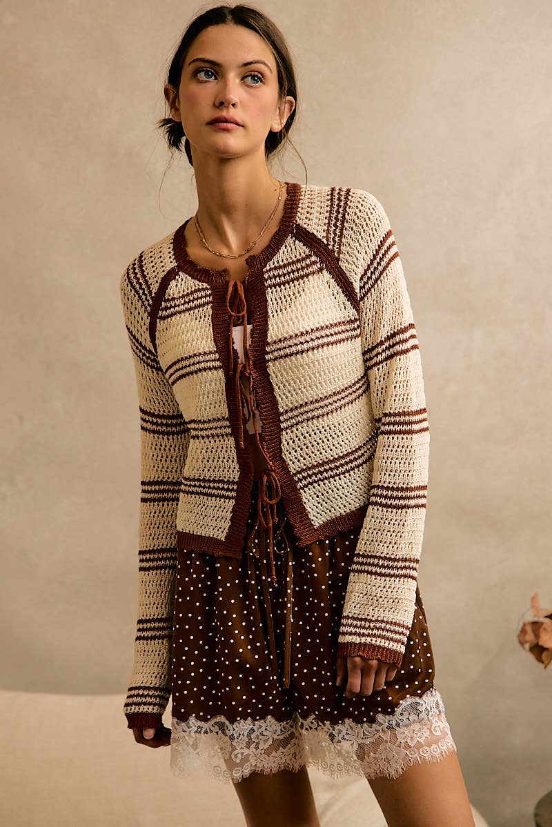STRIPE OPEN KNIT TIE SWEATER TOP