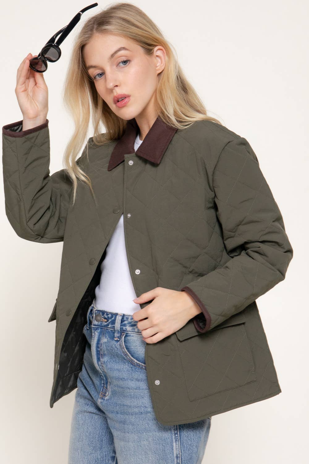 Lapel Collar Quilted Puffer Work Jacket w/ Pockets