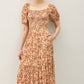 FLORAL PRINT SMOCKED BODICE TIERED MIDI DRESS