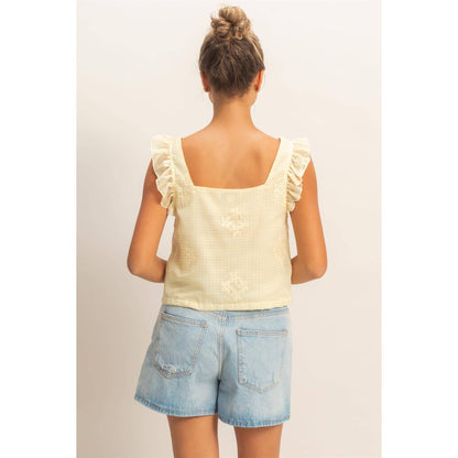 Embroidered Gingham Tie Front Top