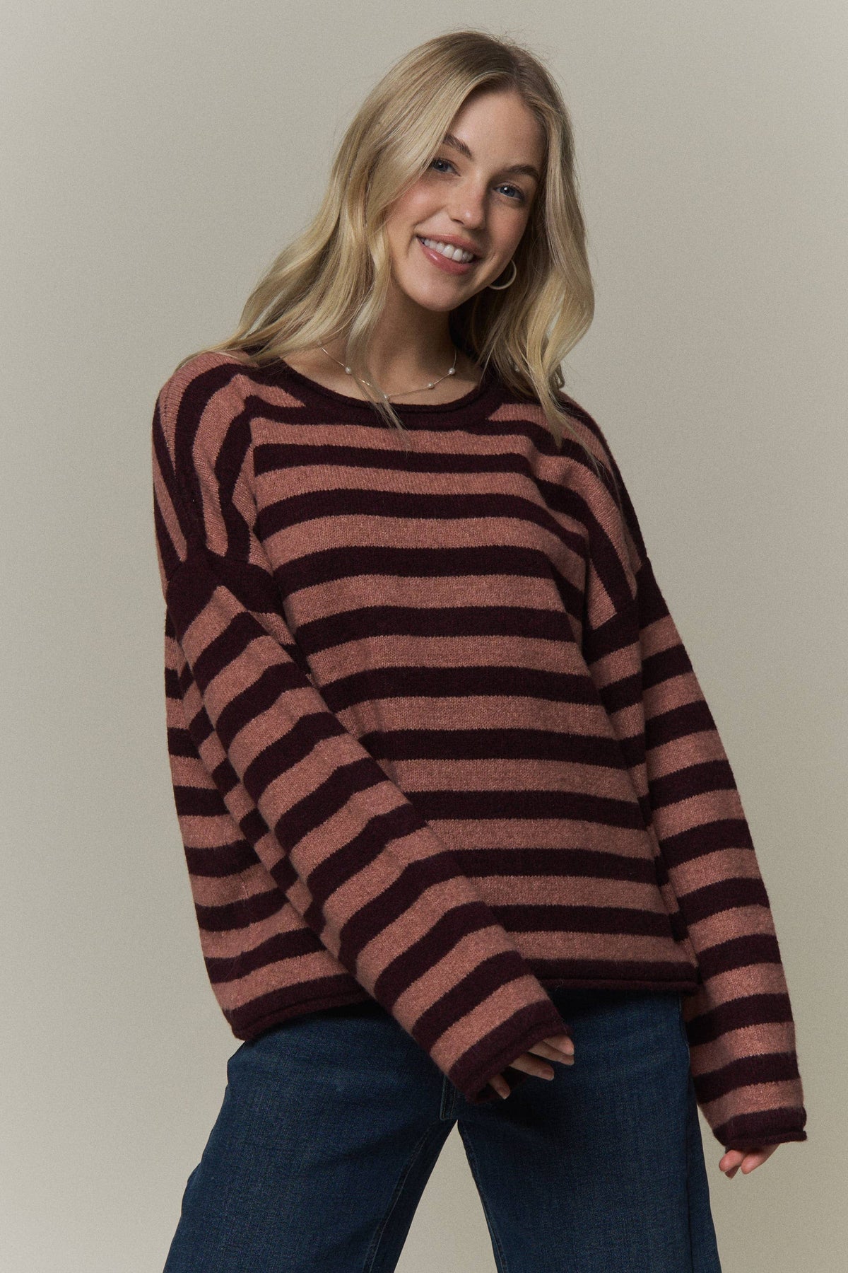 STRIPED ROLLED CREW NECK SWEATER