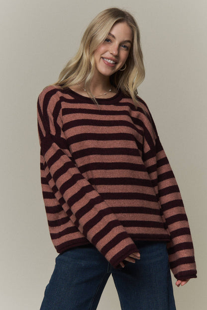 STRIPED ROLLED CREW NECK SWEATER