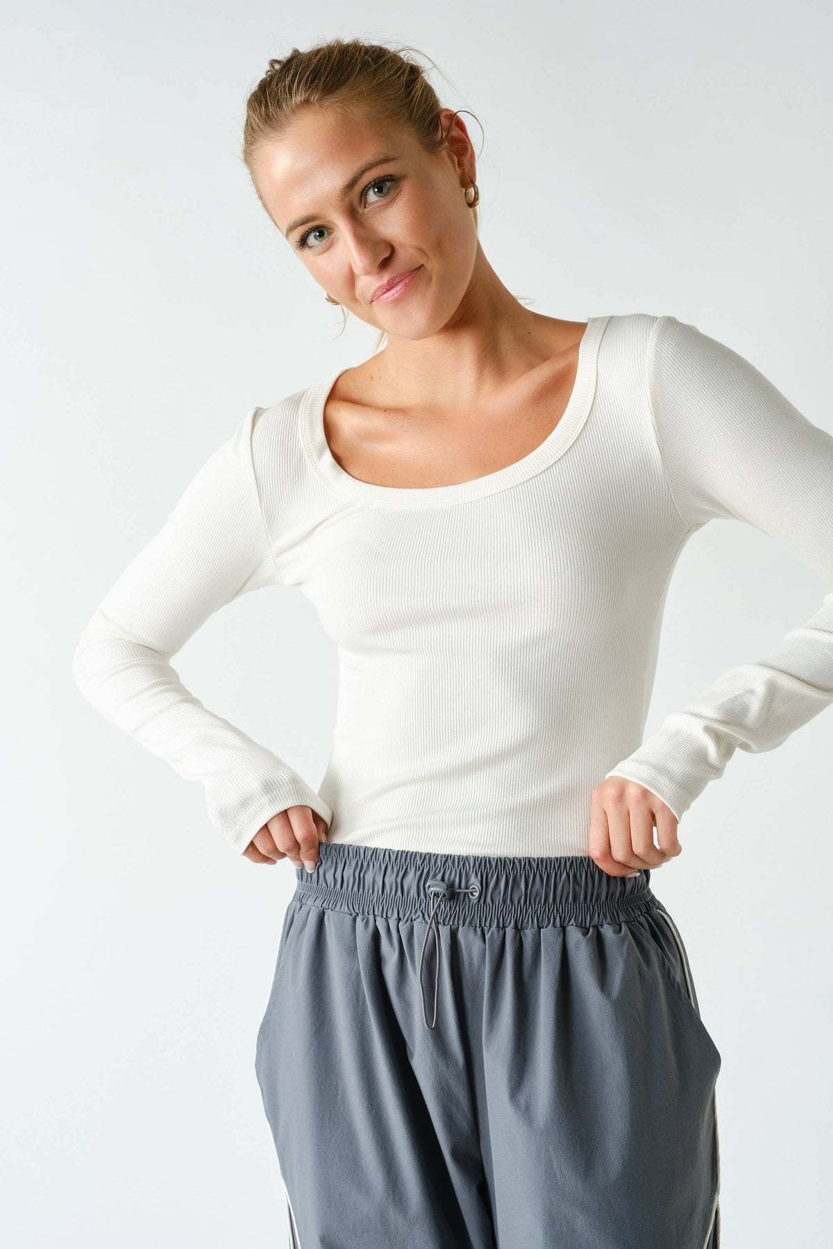 Slim Fit Scoop Neck Micro-Ribbed Long Sleeve Top