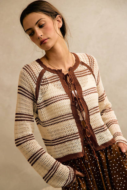STRIPE OPEN KNIT TIE SWEATER TOP