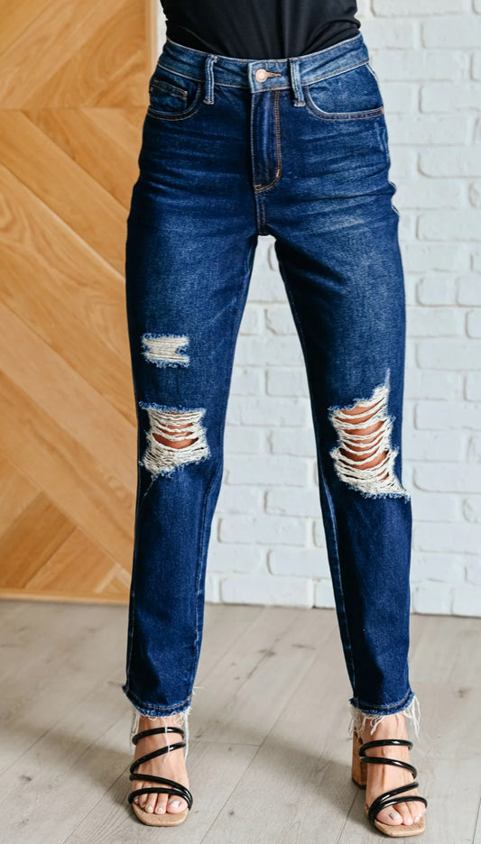 MONTANA HIGH RISE RIGID MAGIC DISTRESSED STRAIGHT JEANS