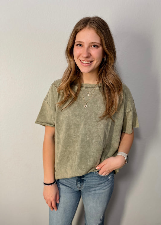 Olive Acid Wash French Terry Drop Shoulder Raw Edge Top