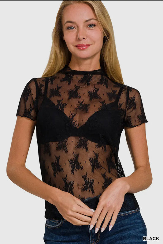 Black Lace See Through Layering Top
