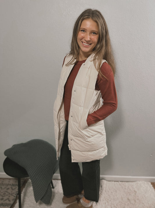 Hooded Long Quilted Puffer Vest