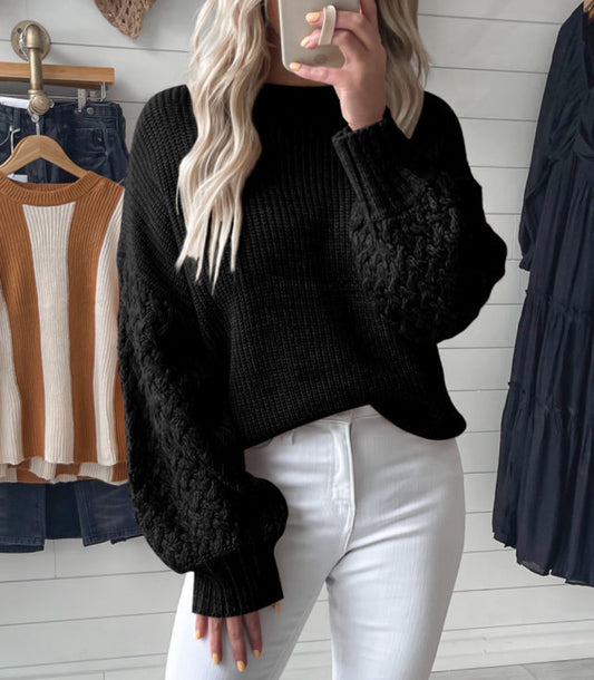 Black Cable Knit Sleeve Sweater