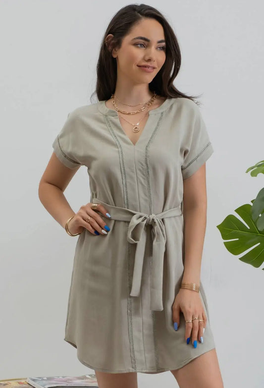 Olive Solid Split Neck Belted Mini Dress