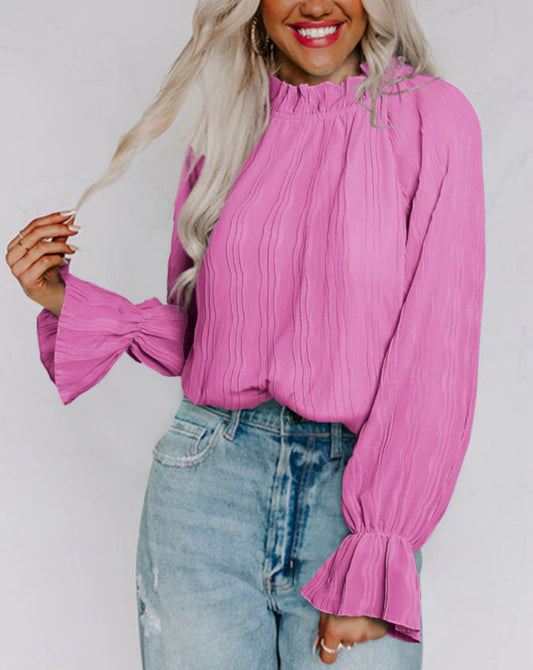 Pink Striking Pleated Flared Blouse