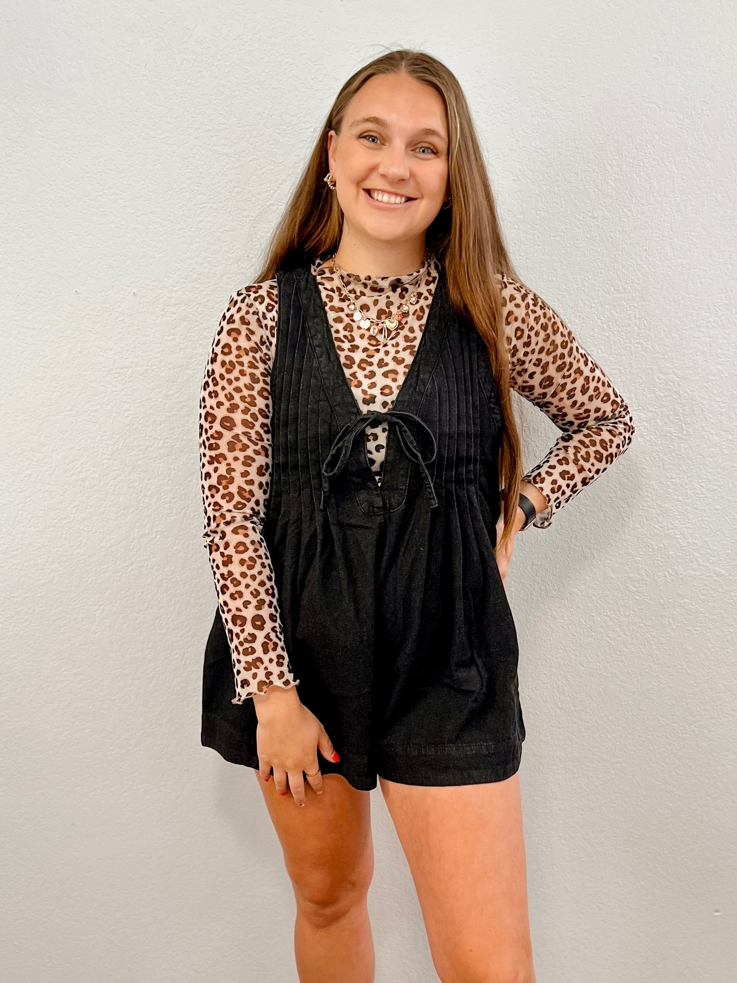 Front Pleated V Neck Sleeveless Denim Romper