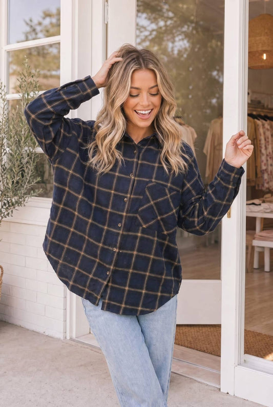 Relaxed Fit Navy Plaid Button Front Shirt