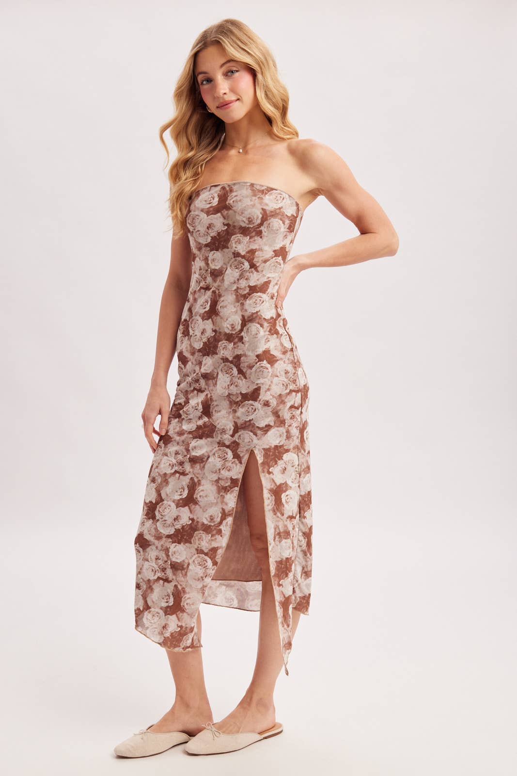 MOCHA ROSE STRAPLESS MIDI DRESS