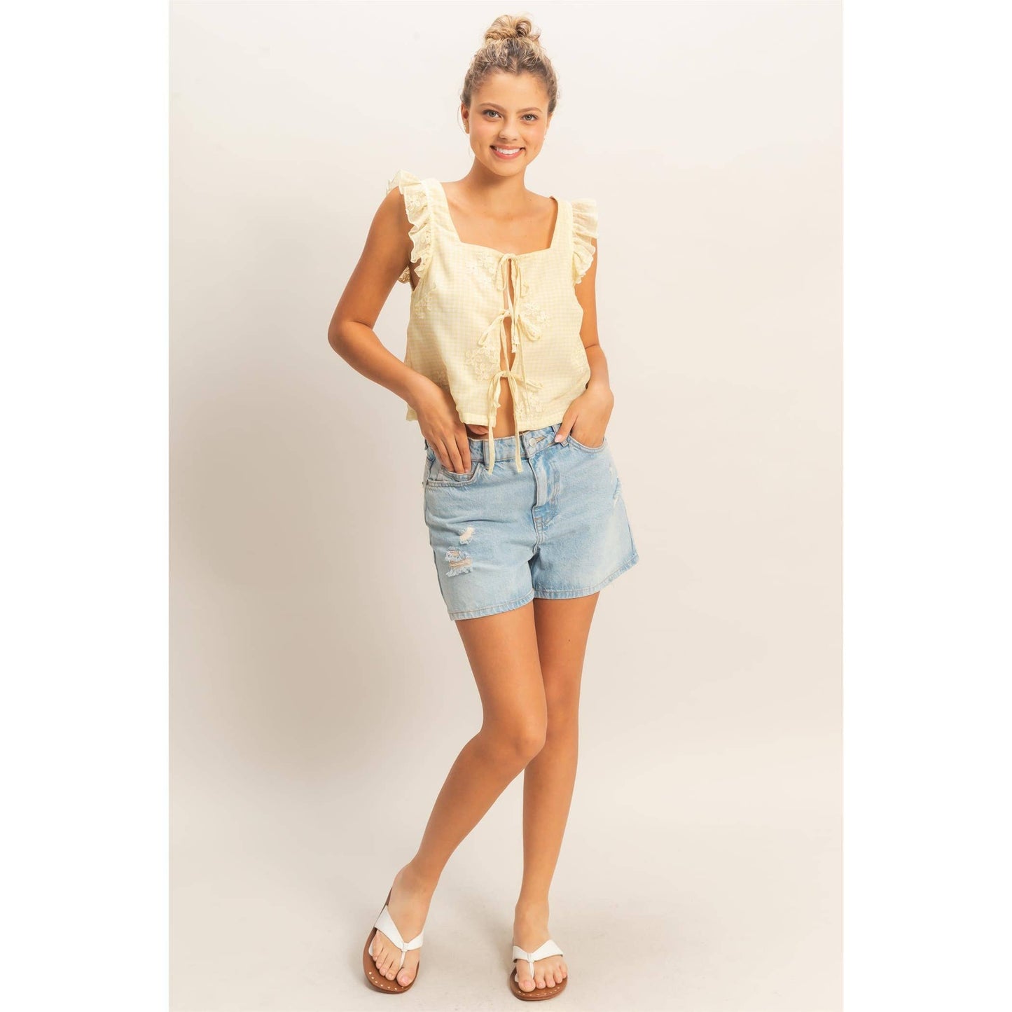 Embroidered Gingham Tie Front Top