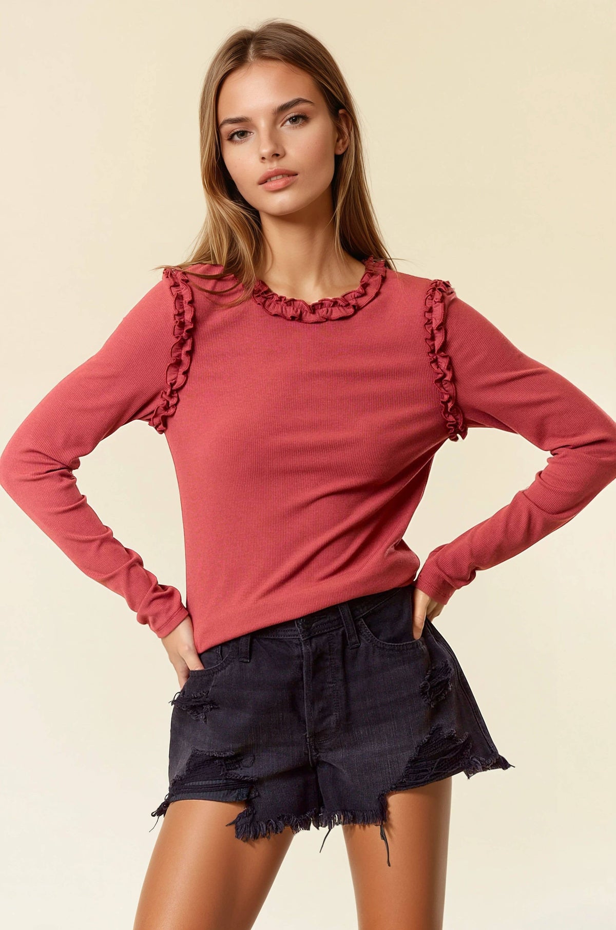 JILLIAN Soft Ribbed Ruffle Long Sleeve