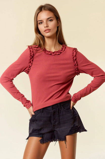 JILLIAN Soft Ribbed Ruffle Long Sleeve
