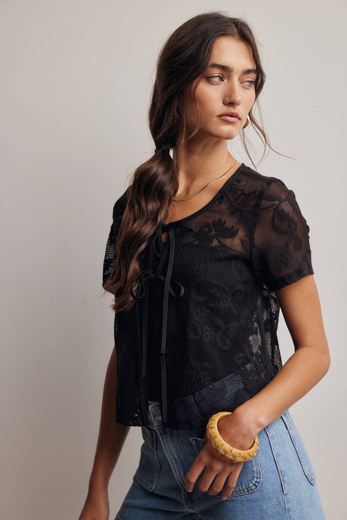 Lace Tie-Front Short Sleeve