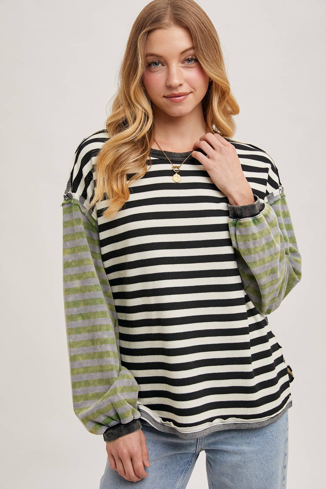 LAUREN STRIPE CONTRAST EXPOSED SEAM LOOSE FIT KNIT PULLOVER