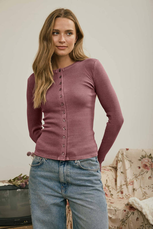 BUTTON FRONT ROUND NECK LONG SLEEVE KNIT TOP