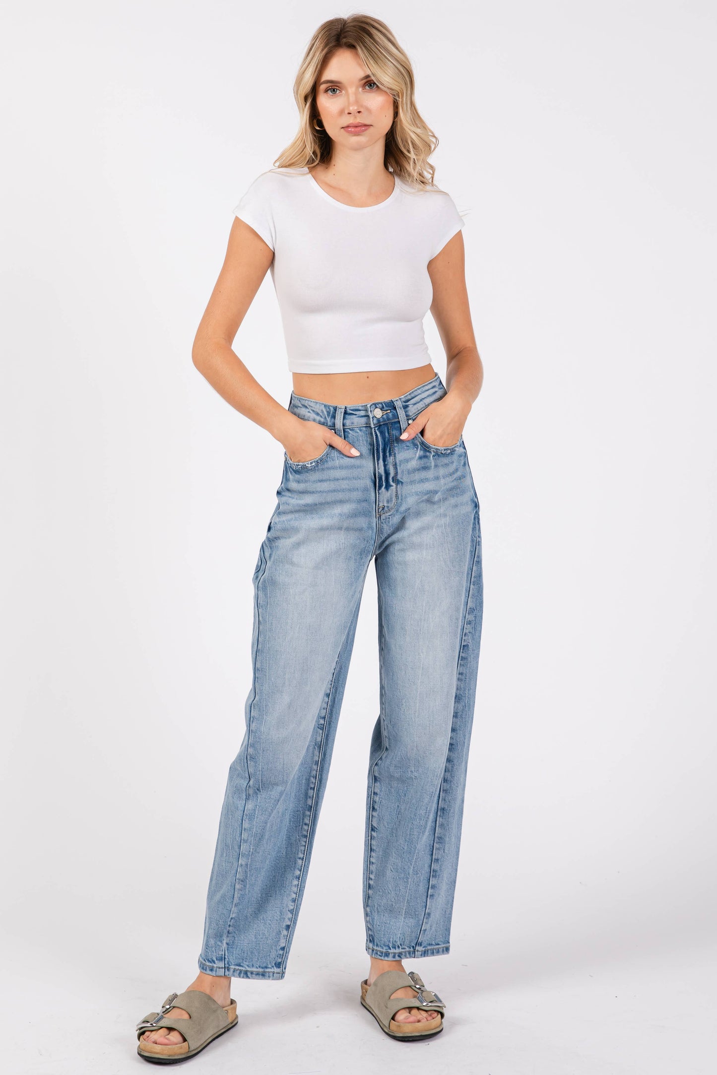 HARPER SIDE SEAM DETAILING HIGH RISE COMFORT BARREL JEANS