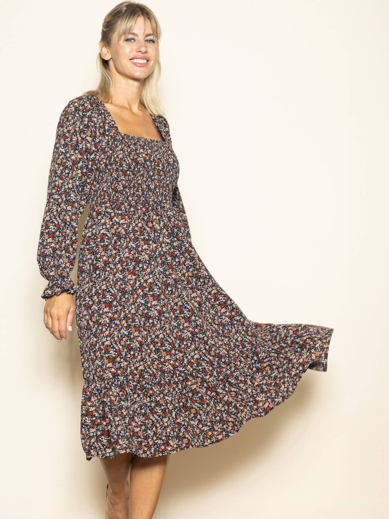 Long Sleeve Velvet Back Tie Floral Midi Dress with Pockets
