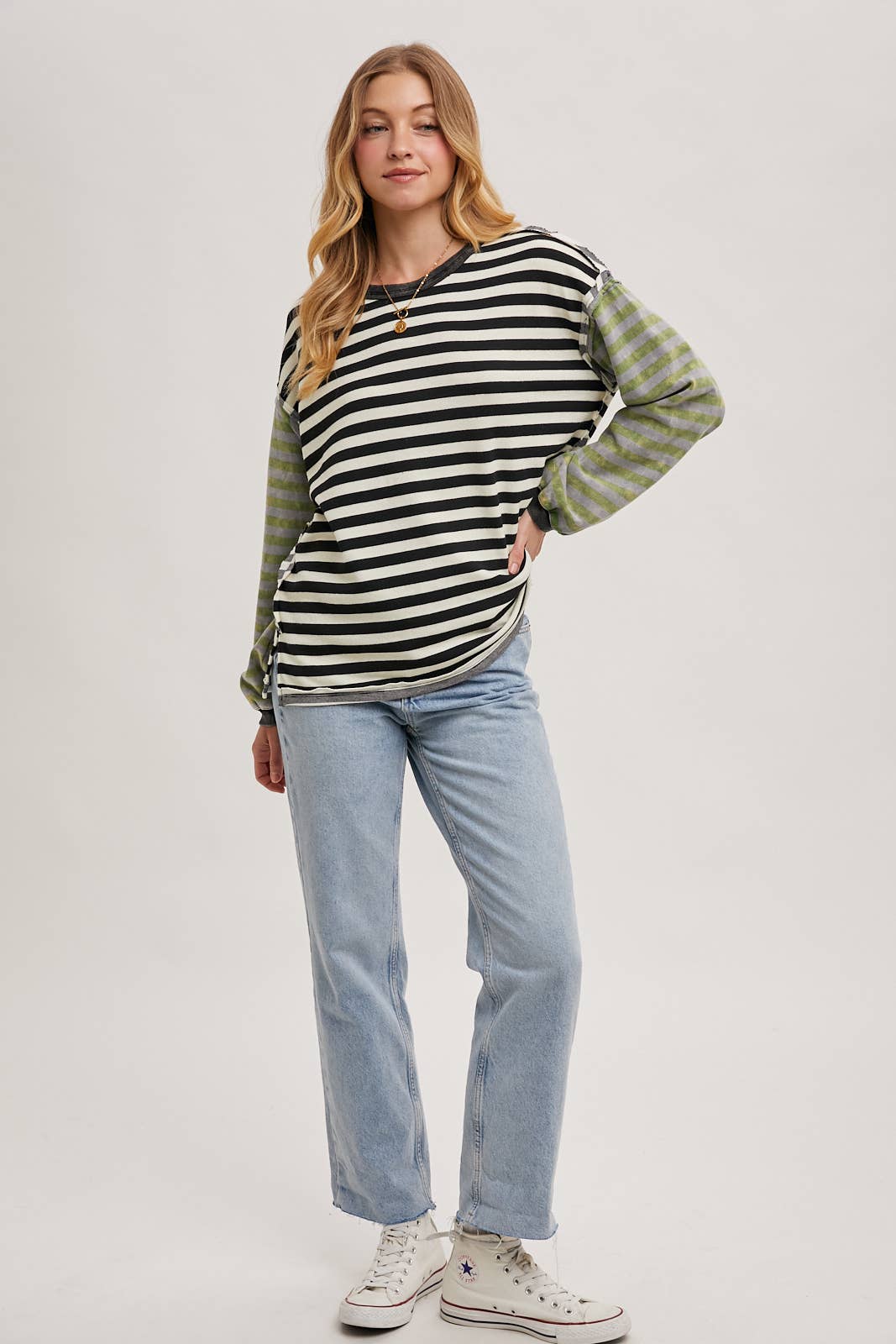 LAUREN STRIPE CONTRAST EXPOSED SEAM LOOSE FIT KNIT PULLOVER