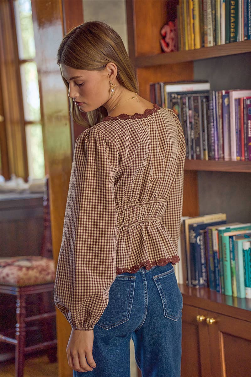 GINGHAM CHECK LACE TRIM RUCHED BODICE BLOUSE TOP