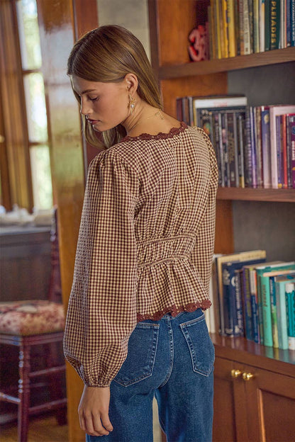 GINGHAM CHECK LACE TRIM RUCHED BODICE BLOUSE TOP