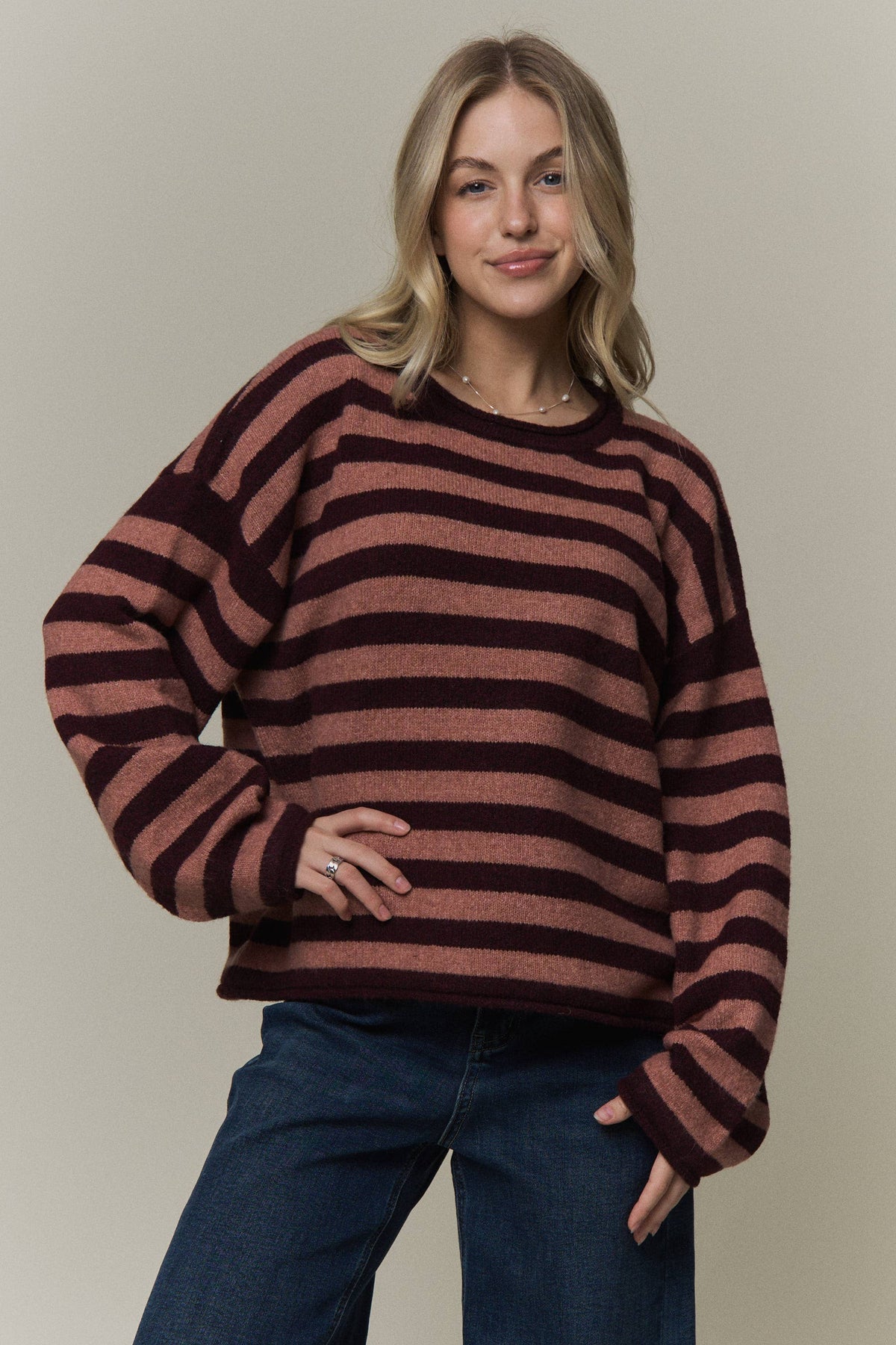 STRIPED ROLLED CREW NECK SWEATER