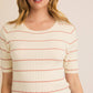 CREAM\PINK ROUND NECK STRIPE HALF SLEEVE RIBBED TOP