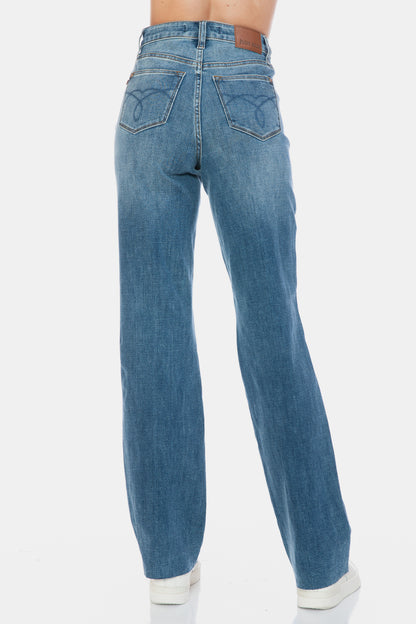 Tallie Judy Blue Full Size Tummy Control Cut Raw Hem Straight Jeans
