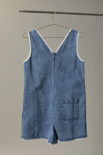V-NECK SLEEVELESS STITCH DETAIL DENIM ROMPER