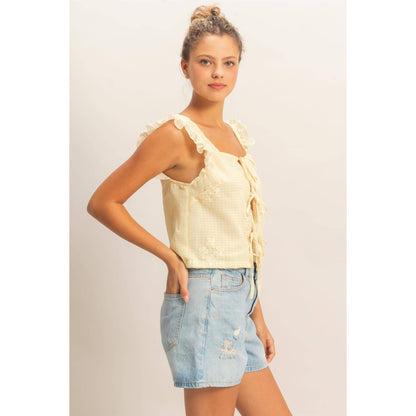 Embroidered Gingham Tie Front Top