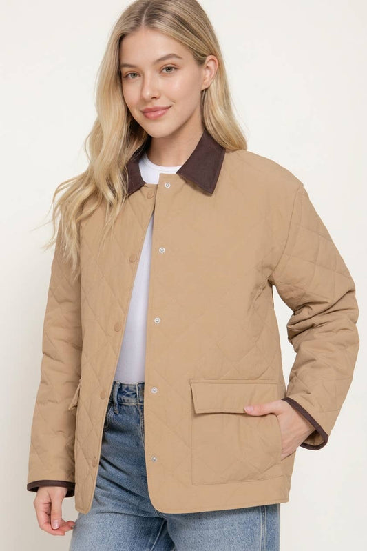 Lapel Collar Quilted Puffer Work Jacket w/ Pockets