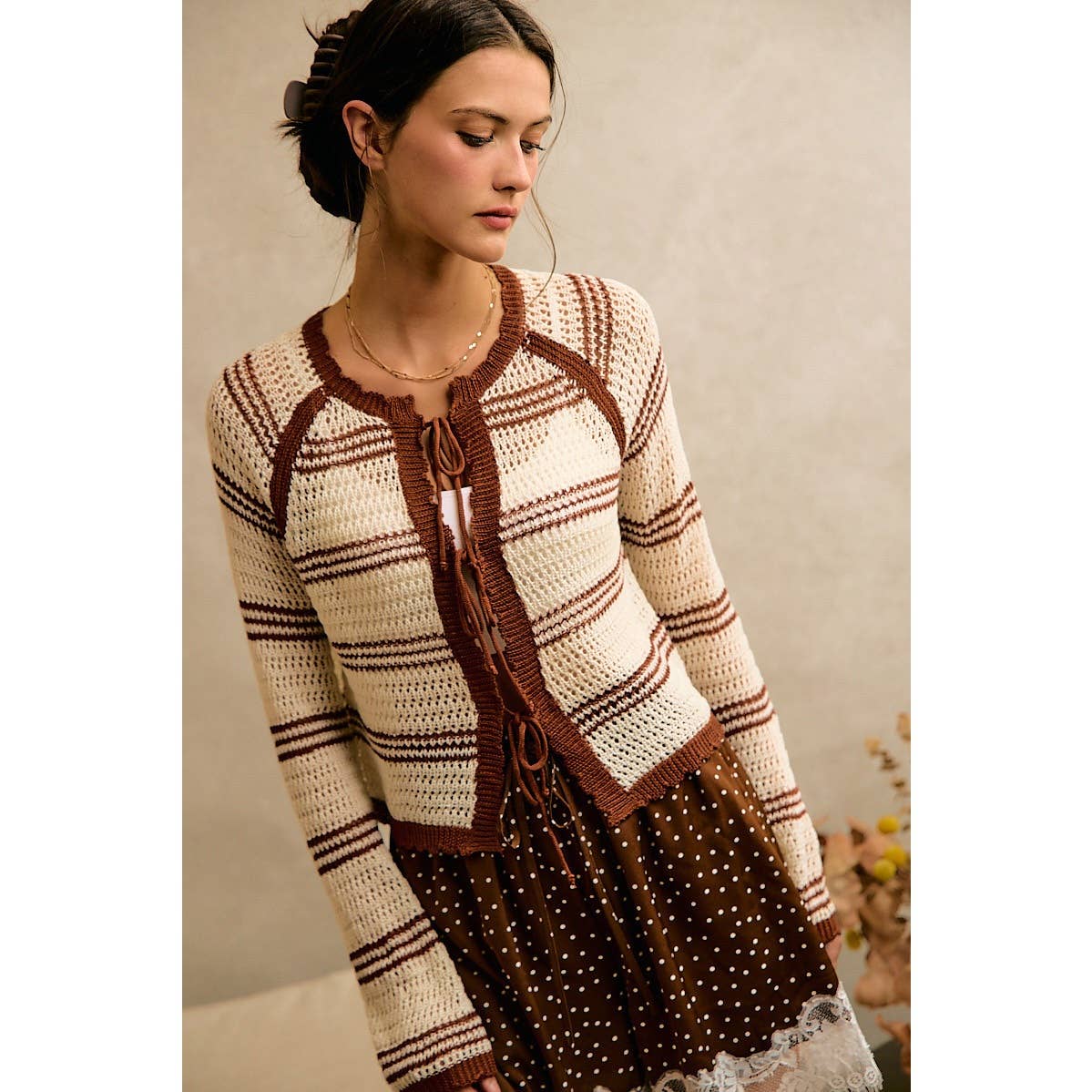 STRIPE OPEN KNIT TIE SWEATER TOP