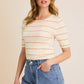 CREAM\PINK ROUND NECK STRIPE HALF SLEEVE RIBBED TOP