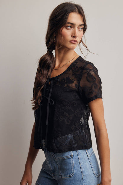 Lace Tie-Front Short Sleeve