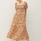 FLORAL PRINT SMOCKED BODICE TIERED MIDI DRESS