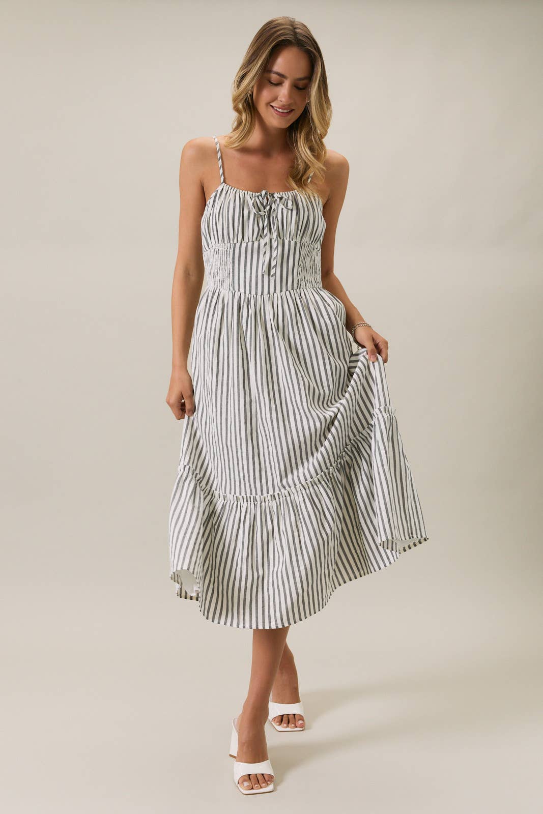 SMOCKED MIDI DRESS WITH KEYHOLE