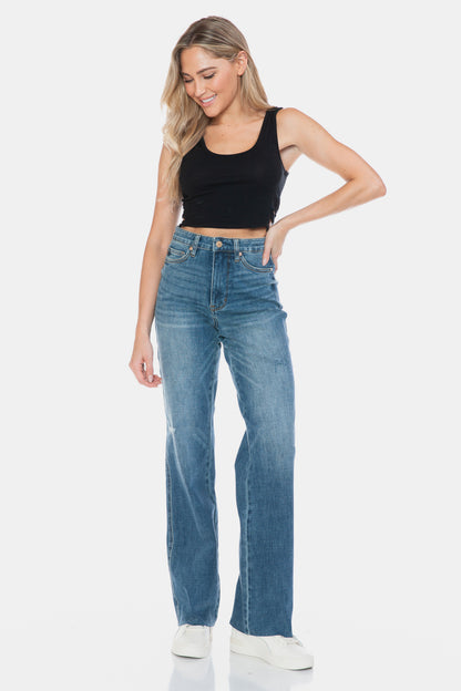 Tallie Judy Blue Full Size Tummy Control Cut Raw Hem Straight Jeans