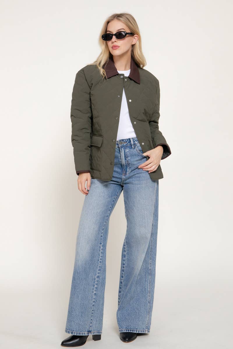 Lapel Collar Quilted Puffer Work Jacket w/ Pockets