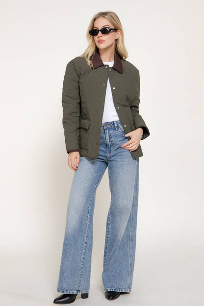 Lapel Collar Quilted Puffer Work Jacket w/ Pockets