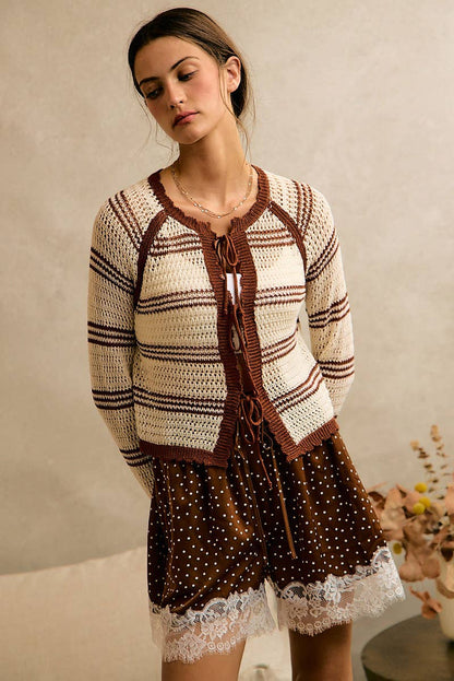 STRIPE OPEN KNIT TIE SWEATER TOP