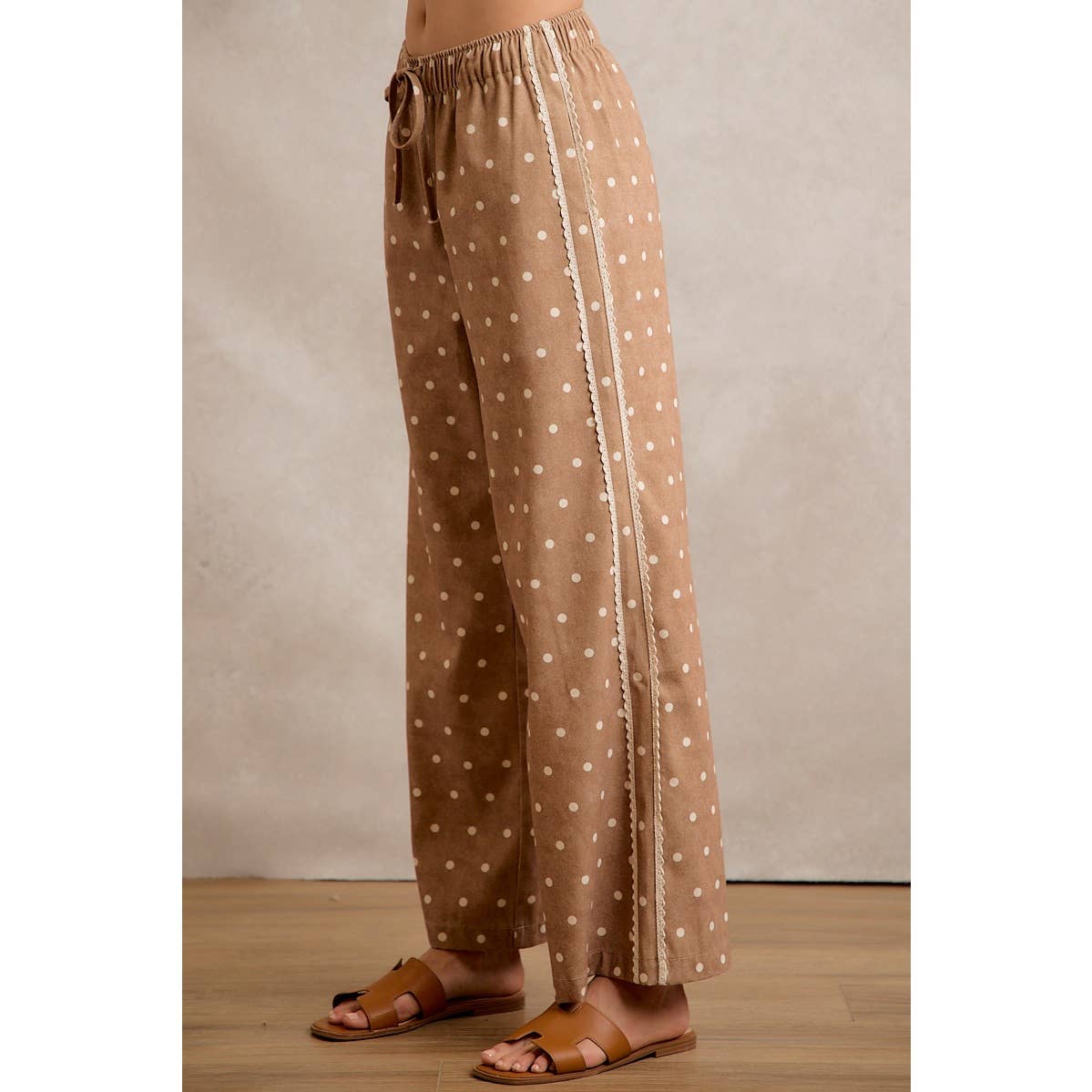 LACE SIDE TRIM POLKA DOT MID RISE WIDE LEG PANTS