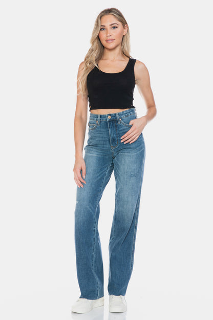 Tallie Judy Blue Full Size Tummy Control Cut Raw Hem Straight Jeans