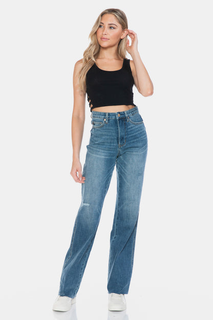 Tallie Judy Blue Full Size Tummy Control Cut Raw Hem Straight Jeans